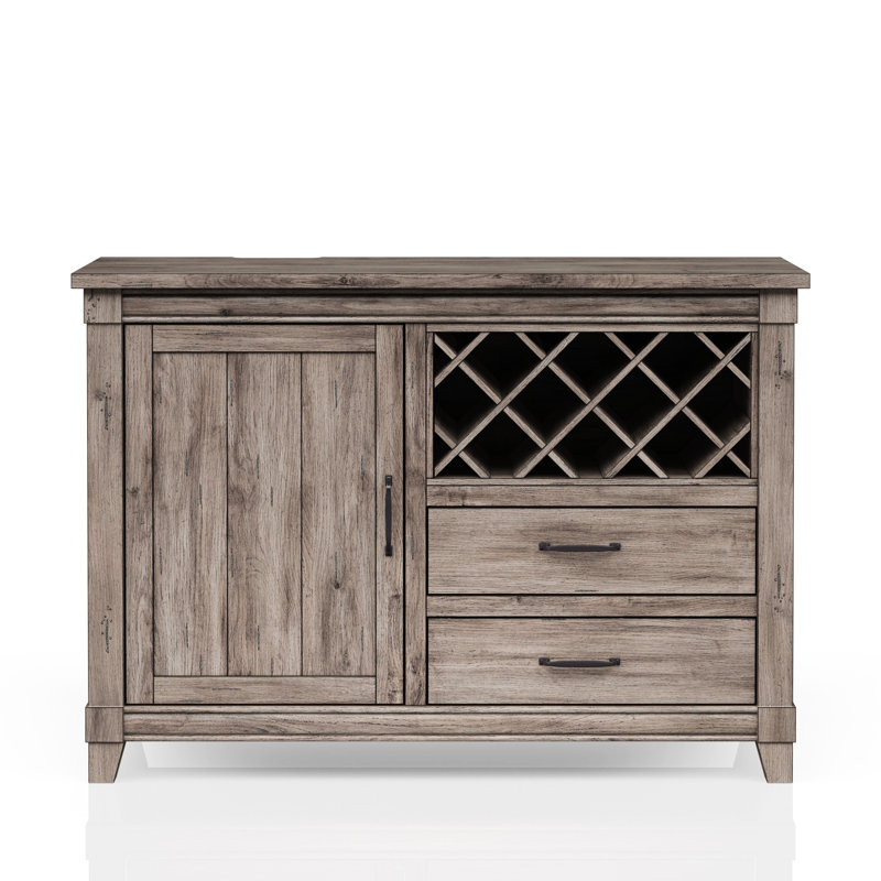 Desserte rustique grise avec rangement pour le vin et deux tiroirs, une armoire avec armoire, prête pour l'alimentation électrique, dimensions: 52 po de largeur, 36,5 po de hauteur, 19 po de profondeur