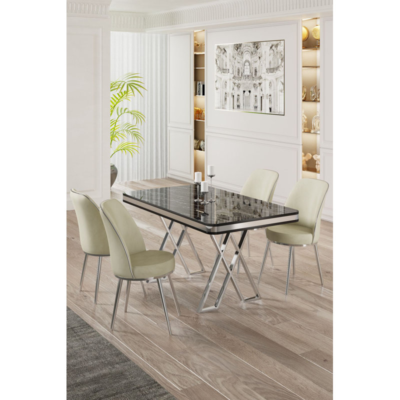 Modern 5-Piece Dining Table & Chairs Set, Black Marble & Chrome Finish | Lacquer Panel Table (51.2 x 29.1 x 31.5 in.) & 4 Chairs (17.7 x 35.8 x 16.5 in.) | Metal Legs, Babyface Fabric, Comfortable Foam Cushions, Elegant Design for Glamorous Dining Room