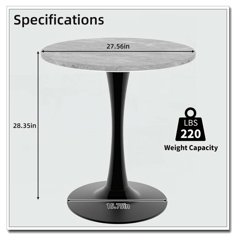 Wood Round Dining Table With Pedestal Base,Coffee Table, Grey Marble, Black