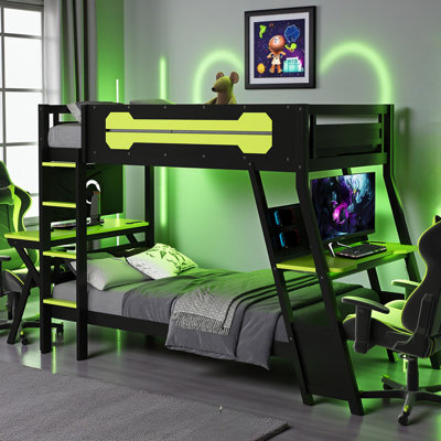 Kid's Bunk Bed, Dual Gaming Desks with USB Ports, Wood, Pegboard Organizer Panels, Modern, Teen Bedroom