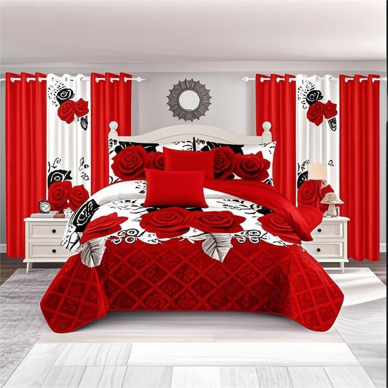9 Pieces Bedspread Bedding Set with Matching Curtains,Queen Size,Red Rose Print,Coverlet Quilted Bed Throw,Bedcover,Red and White,Machine Washable,Gift for Wedding and Fastival
