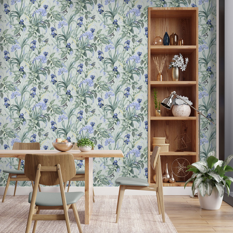 Papier peint botanique Mint Birds and Dragonflies, Vert