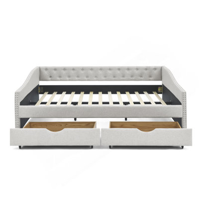 Grand lit de jour avec tiroirs, canapé-lit capitonné capitonné, avec bouton sur le dos et clou en cuivre sur les accoudoirs ondulés, beige (84,5 po x 63,5 po x 26,5 po) (ANCIEN SKU: W1413S00010)