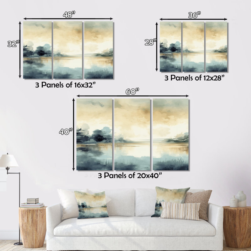 «Lake», reproduction d'art murale - aquarelle rétro du lac brumeux, H 32 po x l 48 po x P 1 po