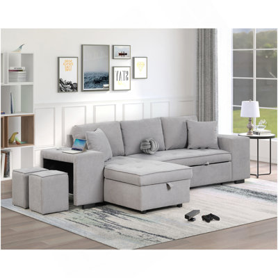 104.5" Pull Out Sleeper Sofa Reversible L-Shape 3 Seat Sectional Couch With Storage Chaise And 2 Stools For Living Room Furniture Set,Gray