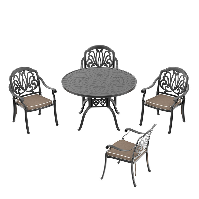 5 patio en fonte d'aluminium avec coussins noirs et usés - 4 sièges