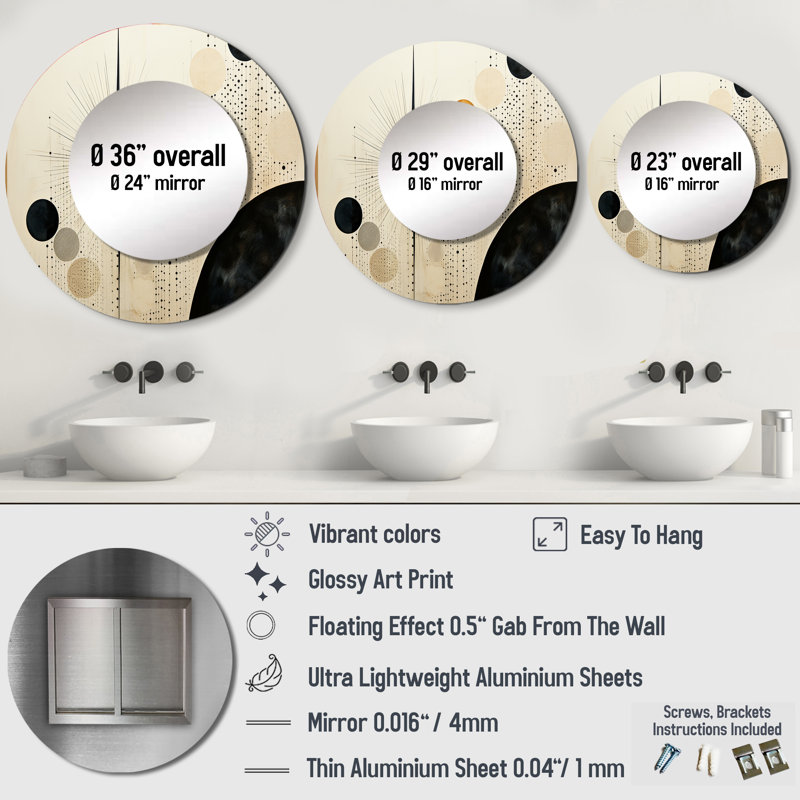 «Saydie Beige Black Mid Century Minimalist Oasis» - miroir minimaliste, miroir mural rond unique moderne, impression d'art en métal