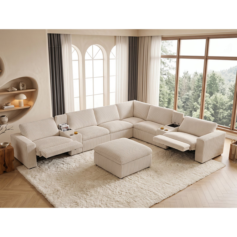 Annistyn 9-Piece 168.5'' L-Shaped Modern Corduroy Power Reclining Sectional With Wireless Charging Storage