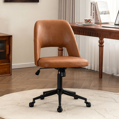 Modern Home Office Chair, Faux Leather Upholstered Swivel Desk Chair, Armless Task Chair with Tilt Back, Height Adjustable Office Chair With Ball Caster, Brown