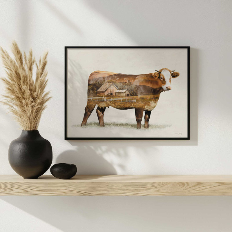 «Landscape Cow Fusion» par Amber Sterling, reproduction d'art, L 24 po x H 18 po, Impression encadrée, Doré