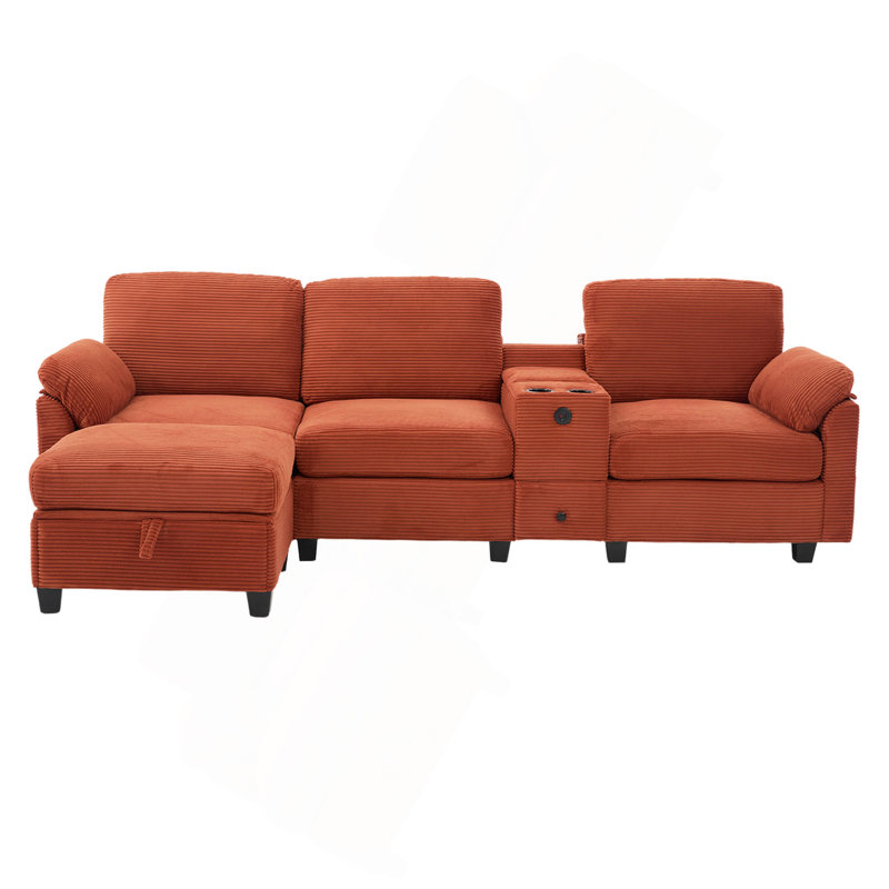 Canapé en velours côtelé multifonctionnel de type L: conception segmentée à 4 places avec porte-gobelet / USB / boîte de rangement, équipé d'une console mobile et d'un espace de rangement de style repose-pieds, optimisé pour
