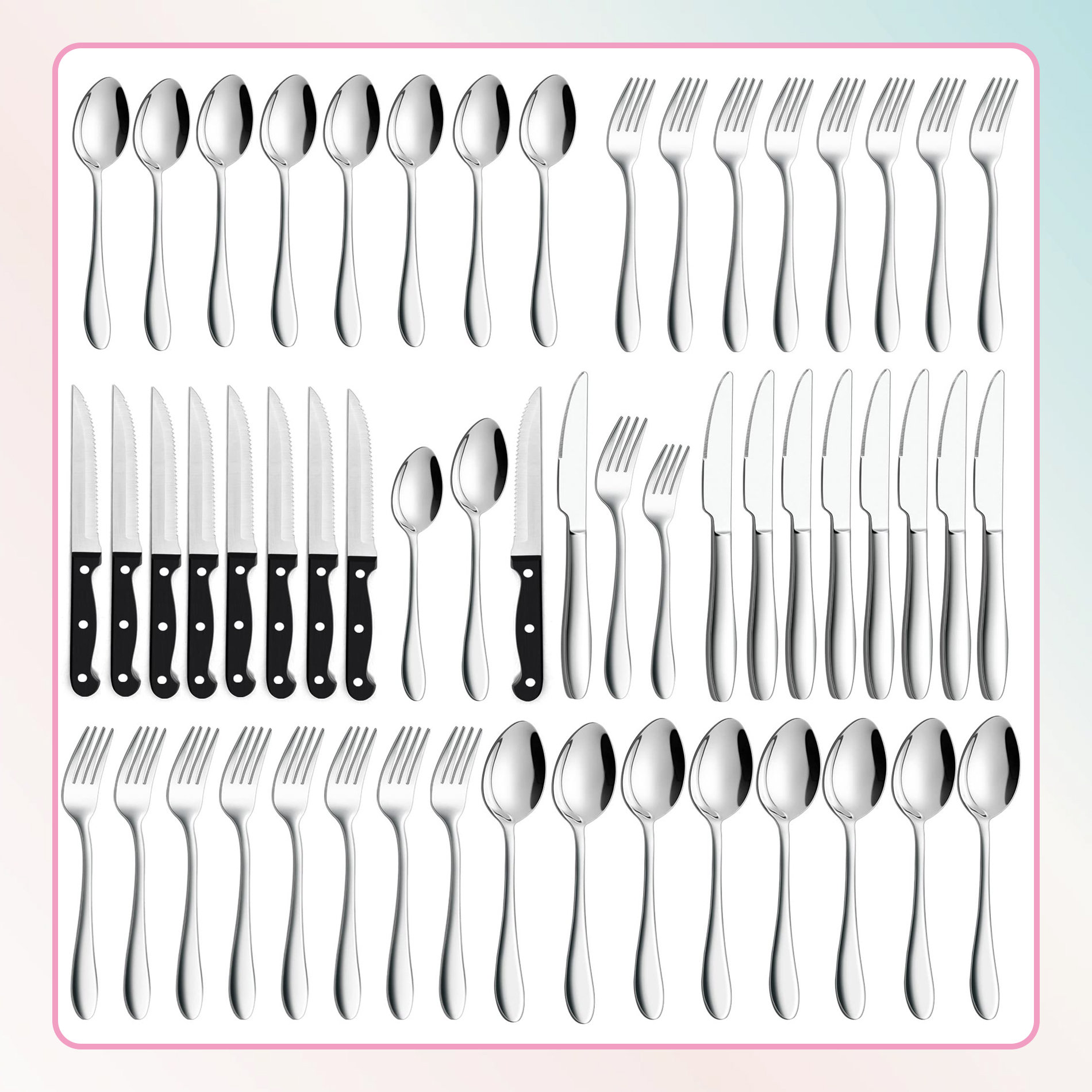 48-Piece Silverware Set with Steak Knives, Stainless Steel