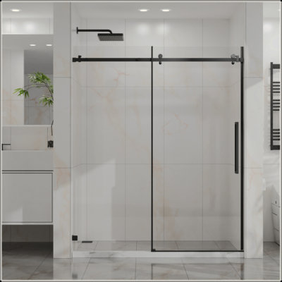 Sliding Shower Door, Frameless Sleek Glass Shower Door, 1/4" (6Mm) Thick Tempered Clear Glass With Easy-Clean Coating, Stainless Steel Hardware