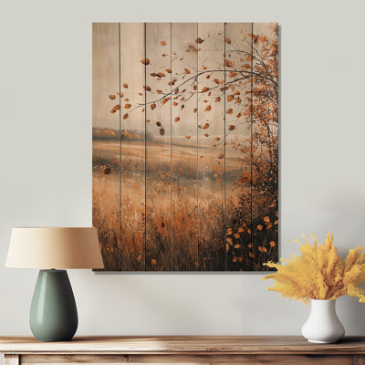 Windy Prairie Leaves In The American Prairies I - Leaves Wood Wall Art - On Natural Pine Wood