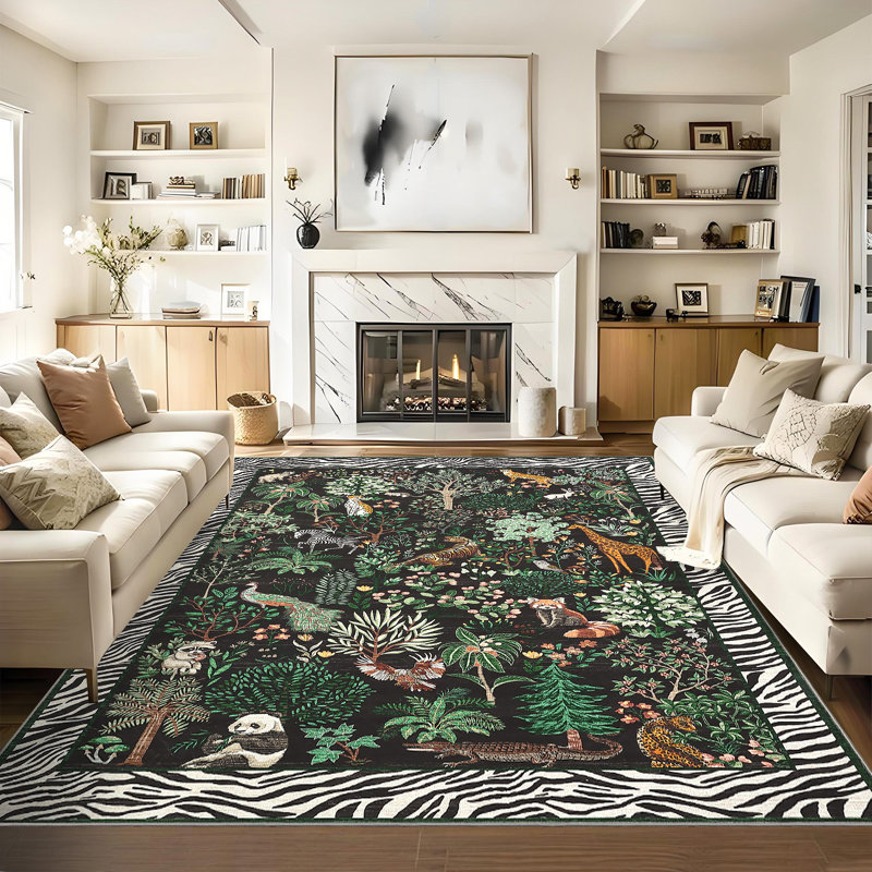 Tapis de salon pour animaux lavable Jungle, Rectangle 9 pi x 12 pi, Noir