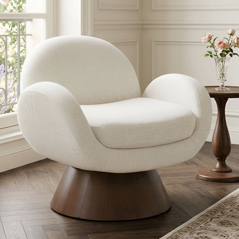 Swivel Armchair With Solid Wood Base, Beige Linen/Walnut