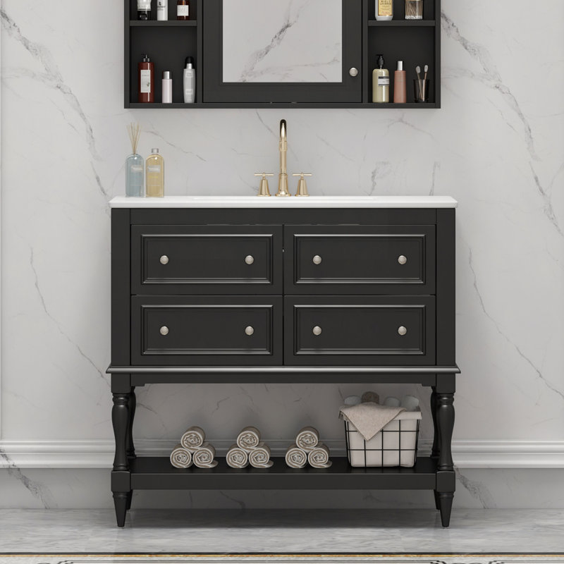 Ensemble de meuble-lavabo 36 po avec ensemble de meuble-lavabo, lavabo en céramique encastré, ensemble de meuble-lavabo autoportant avec 4 tiroirs, armoire de salle de bain avec cadre en bois massif