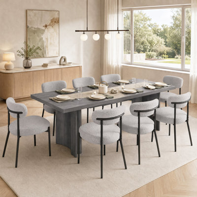Table de salle à manger rectangulaire en bois Alyria de 70 po avec 8 chaises de salle à manger en cuir bouclé Sherpa