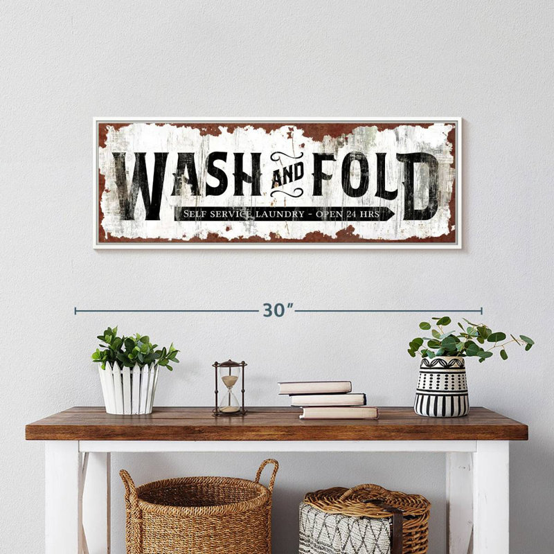 Ancienne affiche murale Wash and Fold, Cadre flottant blanc, 28 po x 10 po