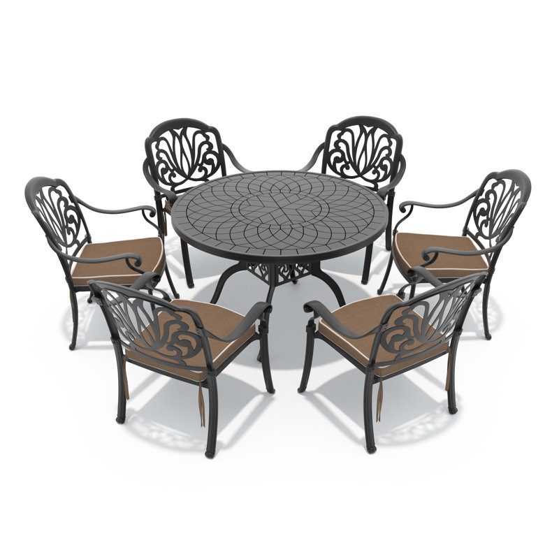 Round Patio Dining Furniture, Amaurys Table and 6 Seats with Soft Brown Cushion, Backyard Balcony Courtyard Use, 6