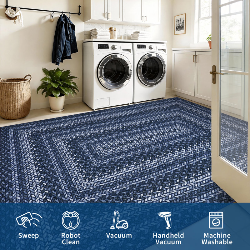 Hallway Runner Rug 2x6, Braided Print Non Slip Mat, Foldable Washable Jute Style Rug for Patio, Backyard & Bedroom, Blue