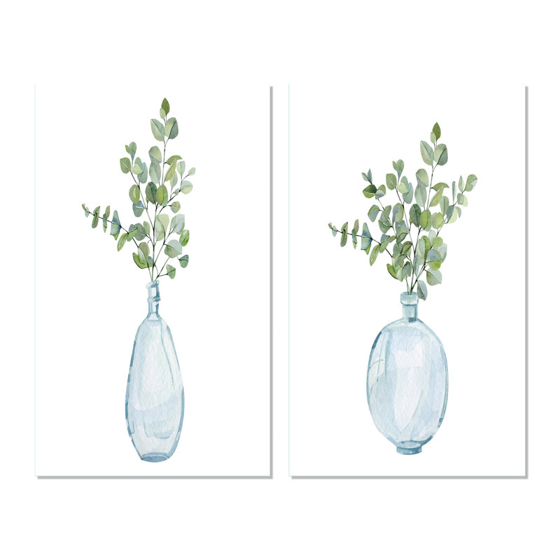 Plantes d'intérieur dans un vase en verre, branches d'eucalyptus - ensemble d'art traditionnel de 2 pièces