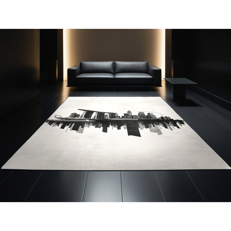 Tapis géométrique moderne gris élégant et lavable à la machine Panameno, 8 x 12