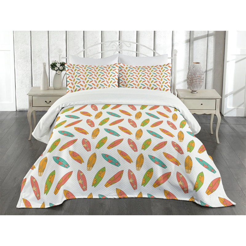 Ambensonne Surfboard Bedspread Fun Multicolor Multicolor, King Coverlet/Bedspread + 2 Pillow Shams