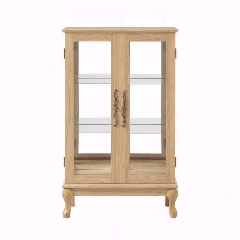 2 Doors Curio Cabinet with Tempered Glass Doors, Light Oak