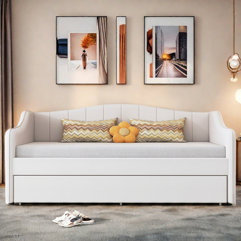 Lit de jour moderne rembourré avec ceinture à DEL et couchette, Beige