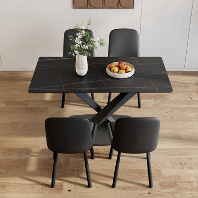 Juvan 5-Piece Modern Rectangular Marble Dining Table Set With 4 Faux Leather Chairs