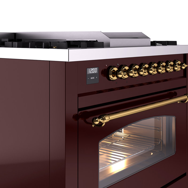 ILVE Nostalgie II 36 Dual Fuel Range, knobs, Burgundy/Brass, Liquid Propane