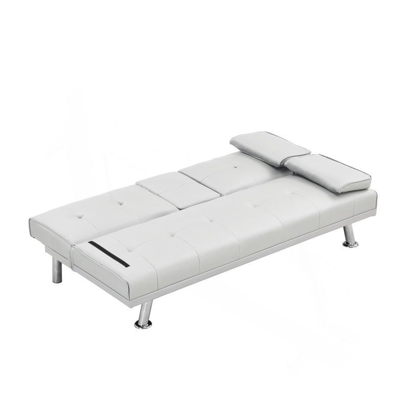 Canapé-lit avec accoudoirs à deux supports, structure en bois, pieds en acier inoxydable, PVC blanc futon