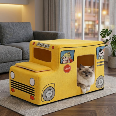 Cute Cat Bed & Kitten Bed, Soft Small Dog Bed, Washable Pet Bed for Puppy & Kitty, Funny School Bus Cat Cave, 23in