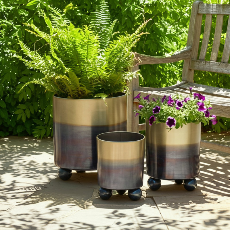 Modern Metal Planters With Spherical Legs And Sleek Dual-Tone Design, Decorative Accent Containers - Set Of 3, Gold/Black