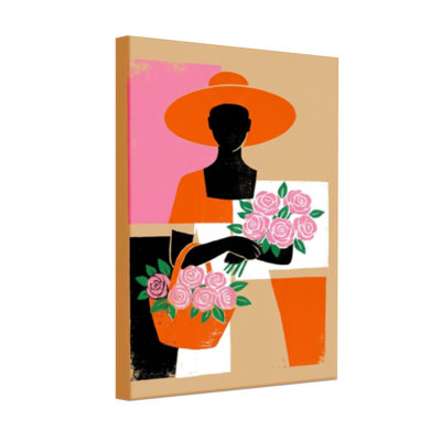 Femme abstraite avec chapeau et fleurs dans un panier