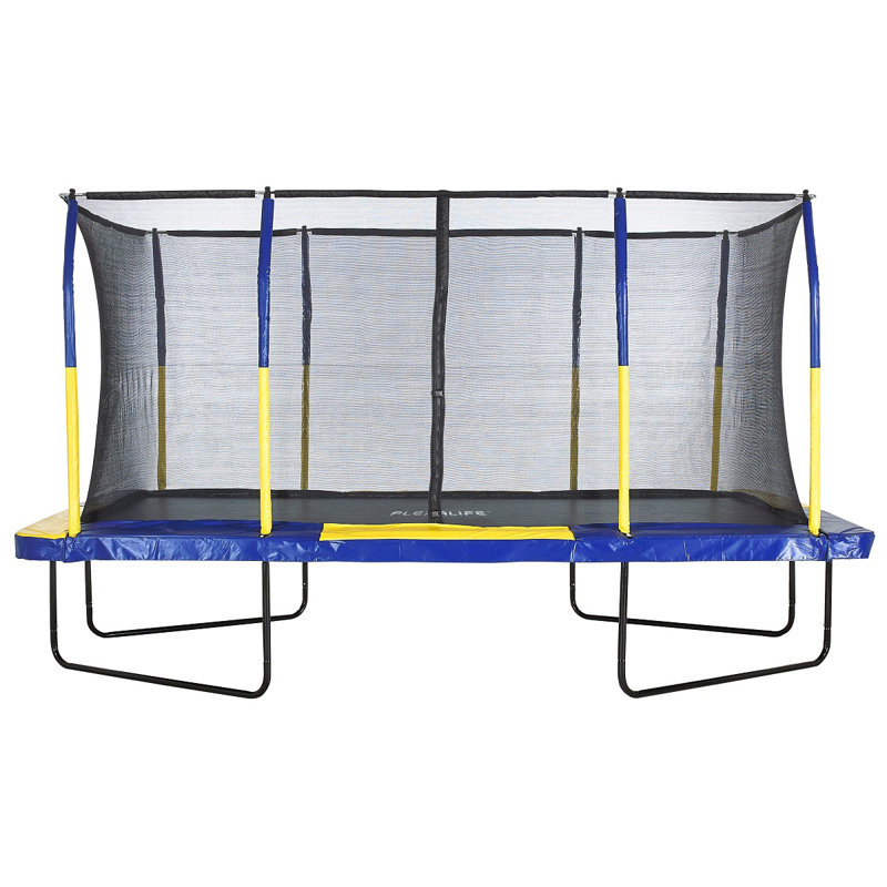 Ensemble de trampoline rectangulaire Plexalife 9 pi x 15 pi avec système d'anneaux supérieurs haut de gamme - bleu / jaune