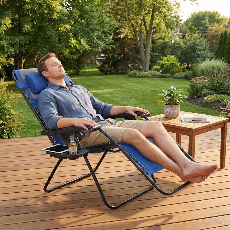 Très grand fauteuil de jardin inclinable zéro gravité avec porte-gobelet (peut supporter jusqu'à 400 lb), Bleu/Gris