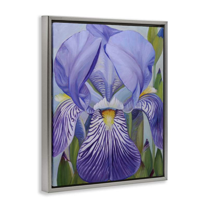 Cadre flottant avec pétales d'iris mauves en fleurs, design par Violeta Vollmer, H 21 po x l 17 po