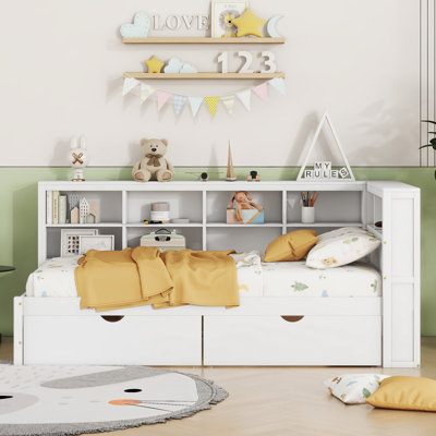 Wooden DayBed with 2 Drawers, Storage Shelf and USB Charging Ports