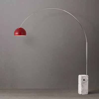 Iconic 95" Mid-Century Modern Arc Lamp - Satin Nickel Body, White Marble Base, Half-Dome Crimson Red Shade, Dimmable, LED Bulb Included
