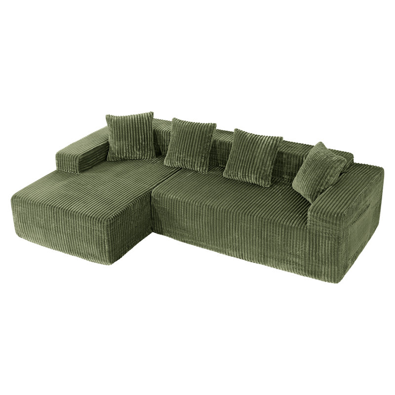 Modern Oversized Corner Sofa L-Shaped Corduroy Sofa With Storage Pockets , Left Hand Facing, Green