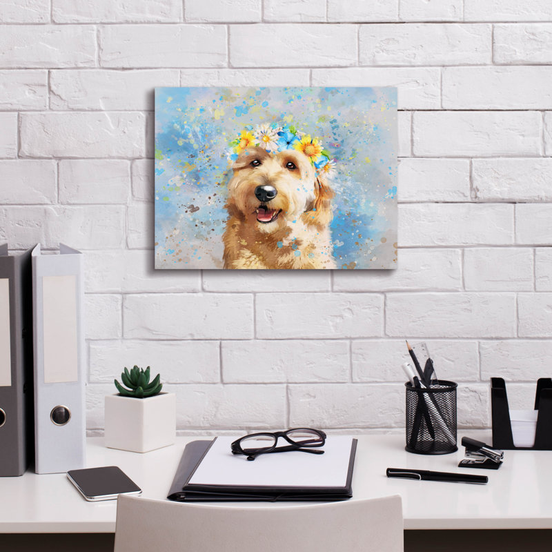 «Flower Crown Goldendoodle 5» par Furbaby Affiliates, art mural sur toile, H 12 po x l 16 po x P 0,75 po