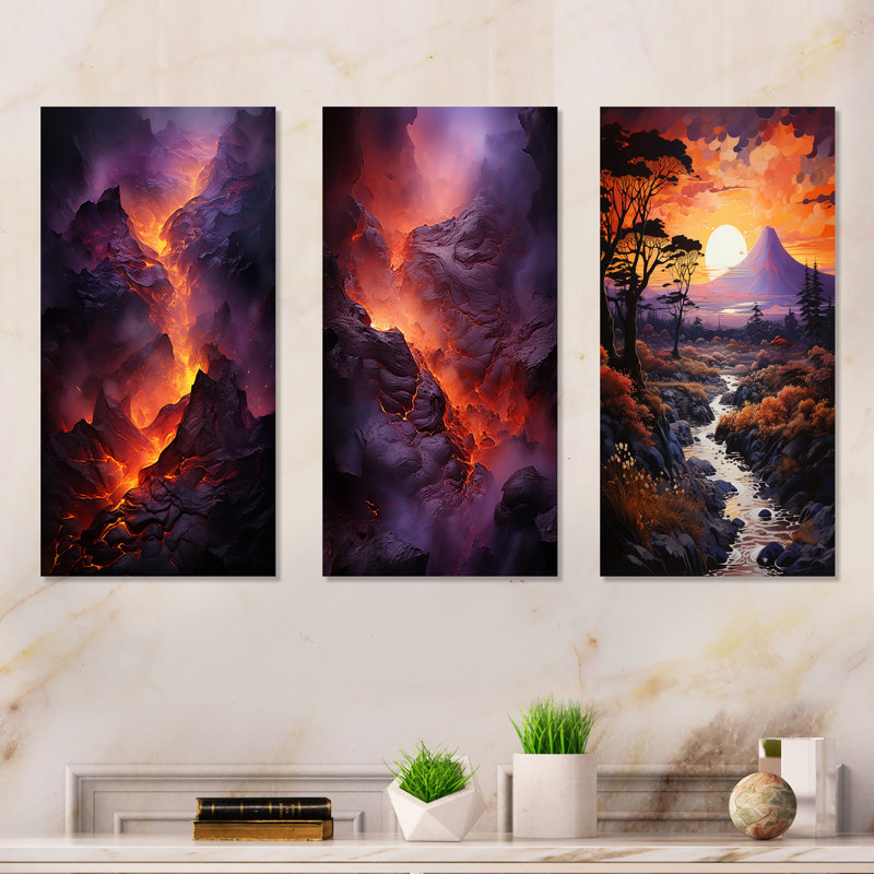 Volcano Volcanic Glow - ensemble de 4 impressions sur toile volcanique, H 28 po x l 36 po, Toile tendue
