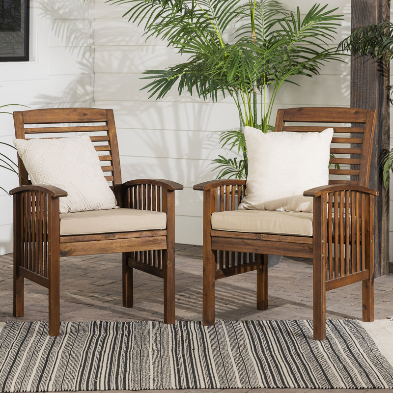 Chaises de patio à dossier à lattes avec coussins 2 pièces Modern, Kaki / brun foncé