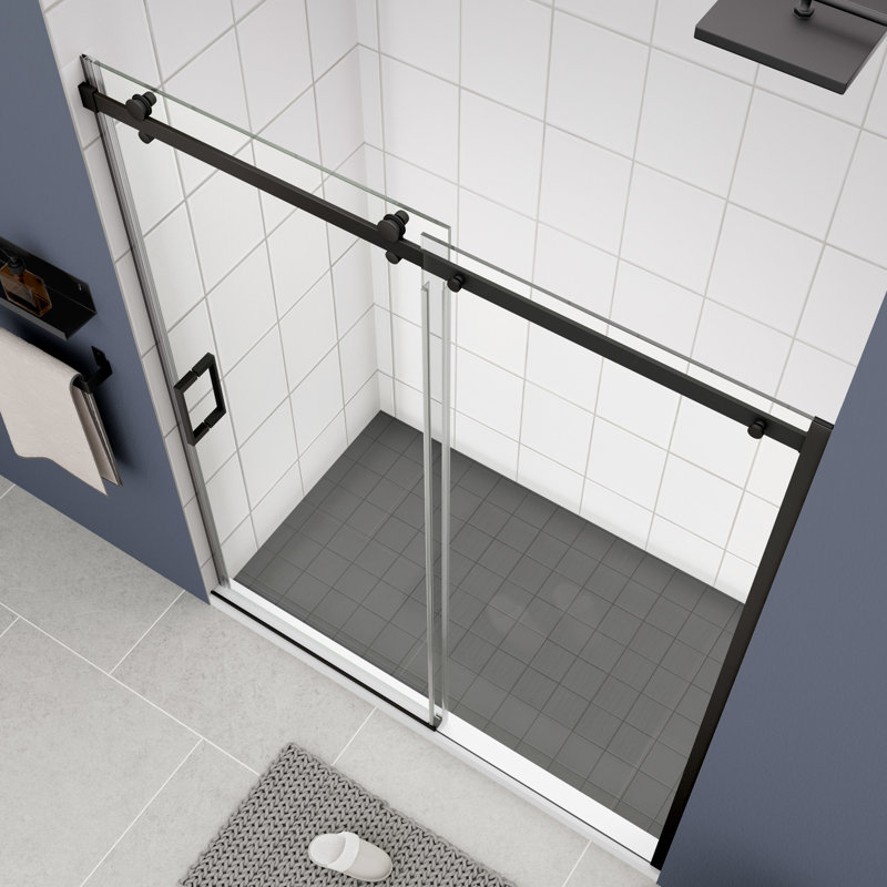 Porte de douche de salle de bain coulissante trempée 5/16 po - noir mat, système de verre lisse et silencieux