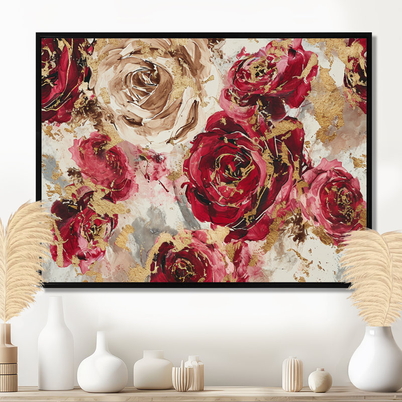 Rouge, rouge, rose, grunge, or, roses, art mural, salon, Toile avec cadre flottant noir, H 12 po x l 20 po x P 1 po