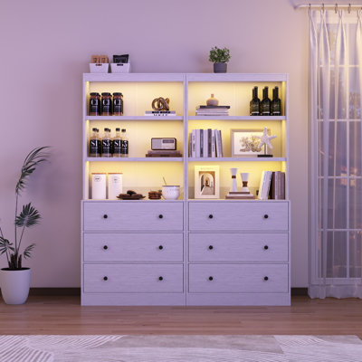 71"H X 47.2"W Book Cabinet Storage Bookcase with USB & Type-C Charging Ports and LED Lights (2A)