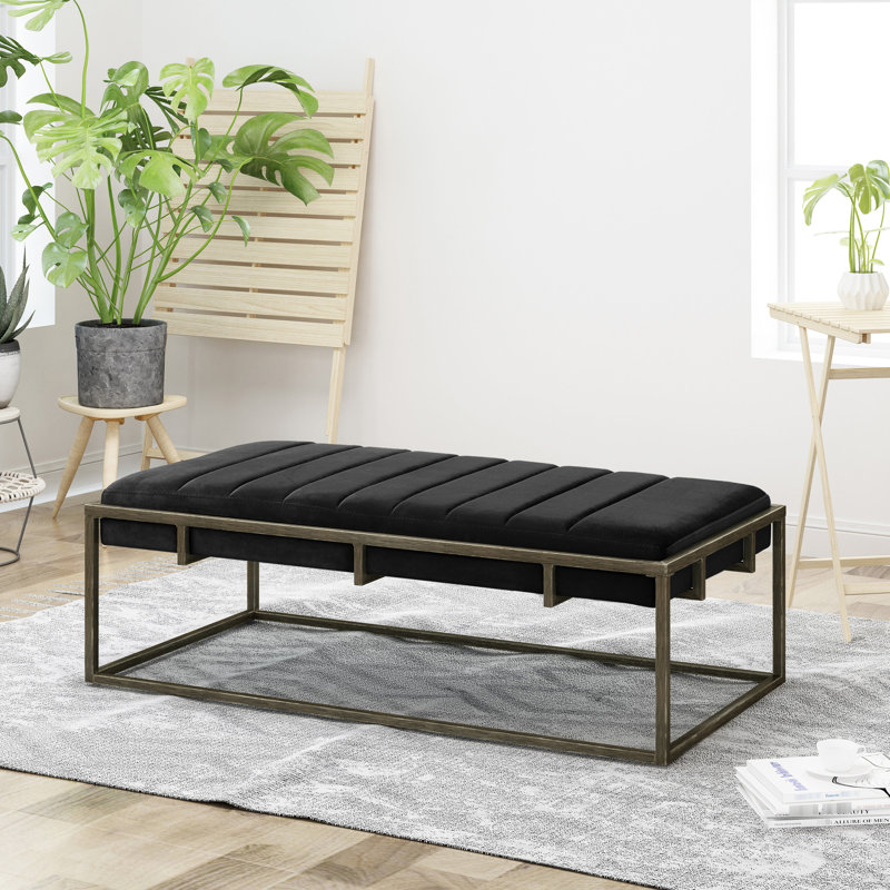 Upholstered Bench In Black Velvet - Modern Design, Channel , Comfortable Seating, 49 Depth With And Brass Finish Minimalist, 25 Width, 16 Height