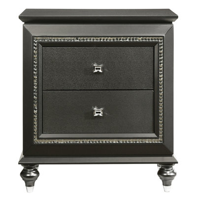 Table de chevet grise avec 2 tiroirs spacieux - Rangement de chambre à coucher moderne avec finition métallique et garniture scintillante - 2 meubles contemporains